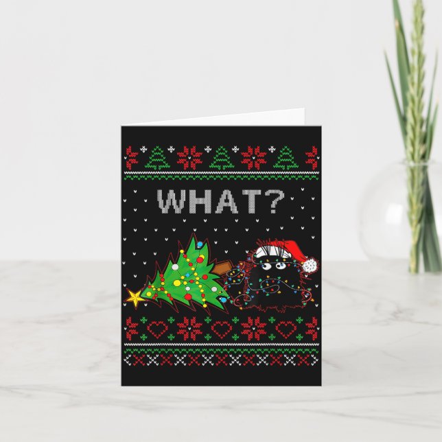 Cartão Funny Black Cat Gift Pushing Christmas Tree Over C (Frente)