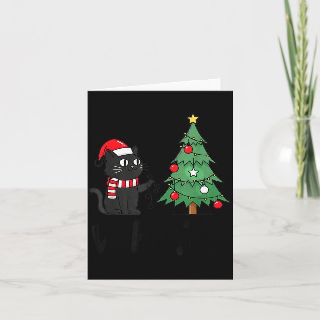 Cartão Funny Black Cat Pushing Christmas Tree Over Cat Wh (Frente)