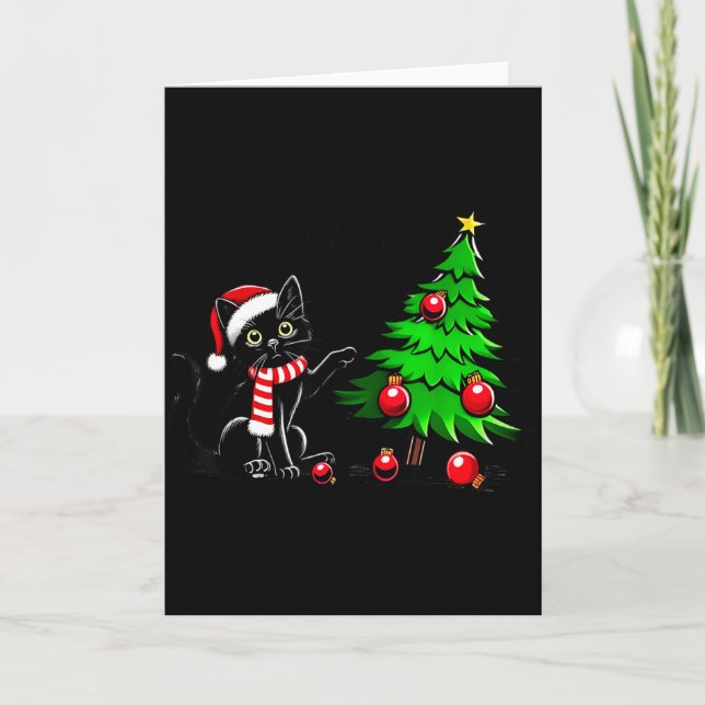 Cartão Funny Black Cat Pushing Christmas Tree Over Cat Wh (Frente)