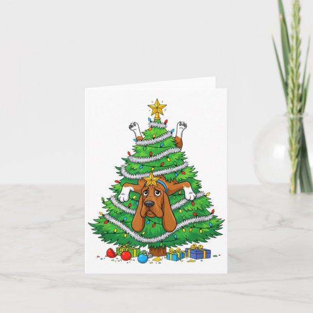 Cartão Funny Bloodhound Dog Christmas Tree Lights Kids Me (Frente)