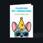 Cartão Funny Blue Merle French Buldogdog Frenchday<br><div class="desc">Se você conhece alguém que ama buldocos franceses e tem um bom senso de humor, este engraçado cartão de aniversário francês é ideal para enviá-los no seu dia especial. A design apresenta uma ilustração ao estilo da caricatura de um buldogue francês de cor azul-merle vestindo um chapéu de festa e...</div>
