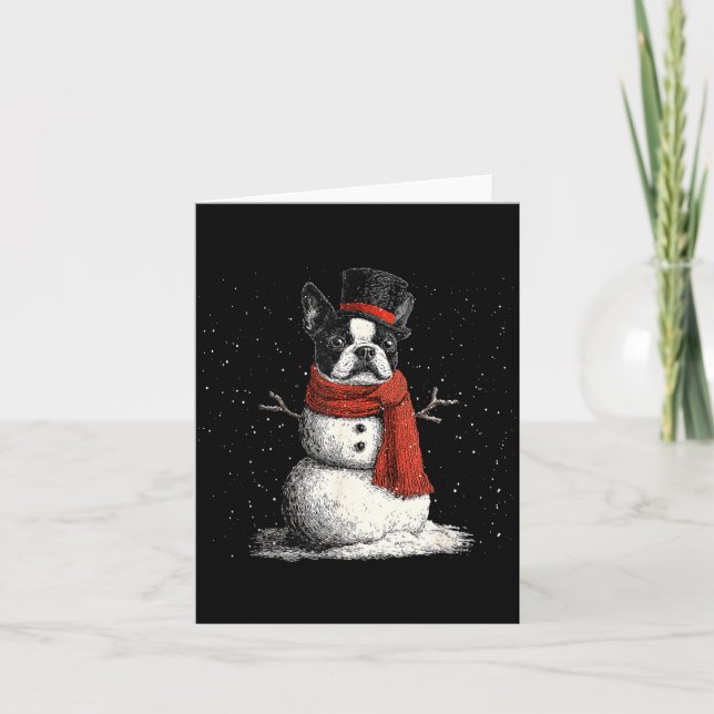 Cartão Funny Boston Terrier Dog Christmas Snowman Xmas Pa (Frente)