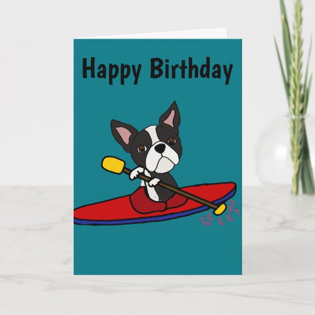 Cartão Funny Boston Terrier Dog Kayaking Cartoon (Frente)