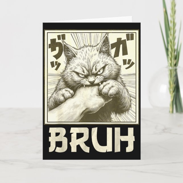 Cartão Funny Bruh Cat Bite Graphic Tee Japanese Anime Cat (Frente)