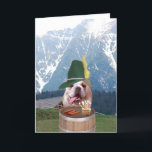 Cartão Funny Bull Dog German Birthday Card<br><div class="desc">Funny, customizable German birthday card with a Bull Dog dressed Bavarian, with sausages and a BD cupcake. The Bull Dog is thanks to publicdomainpictures. You can customized the text. I used google.translate. I used the English phrase "Happy Birthday to a great guy!" You can change the fonts, font size and...</div>