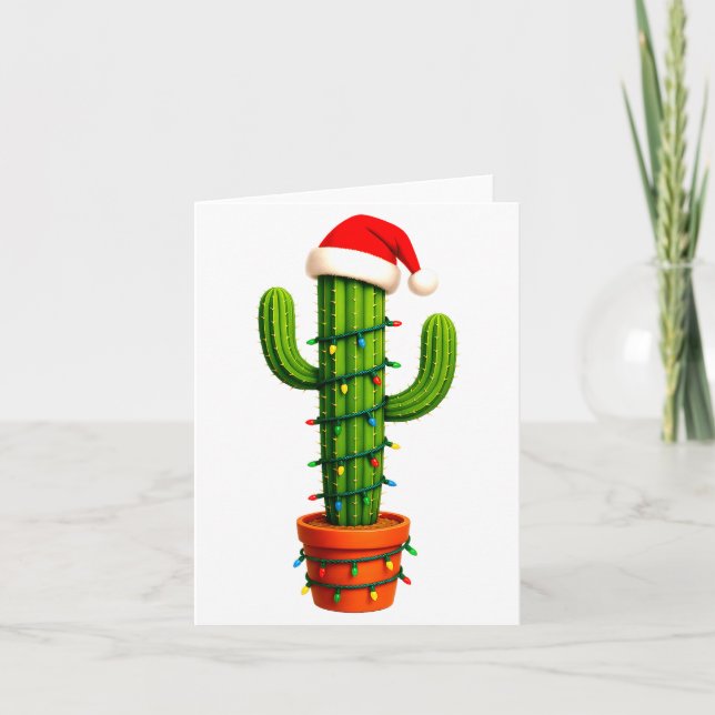 Cartão Funny Cactus Santa Hat Xmas Tree Lights Merry Chri (Frente)