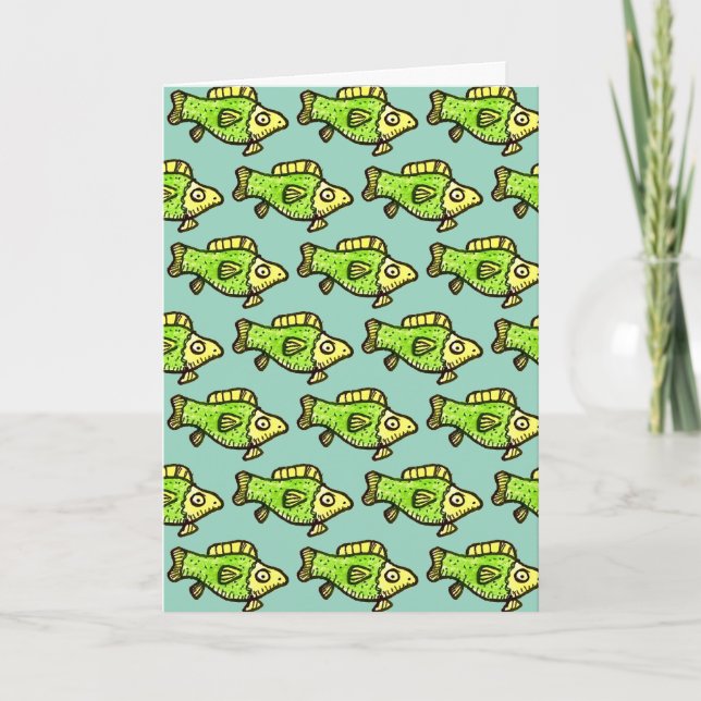 Cartão Funny Cartoon Green Fish Drawing (Frente)