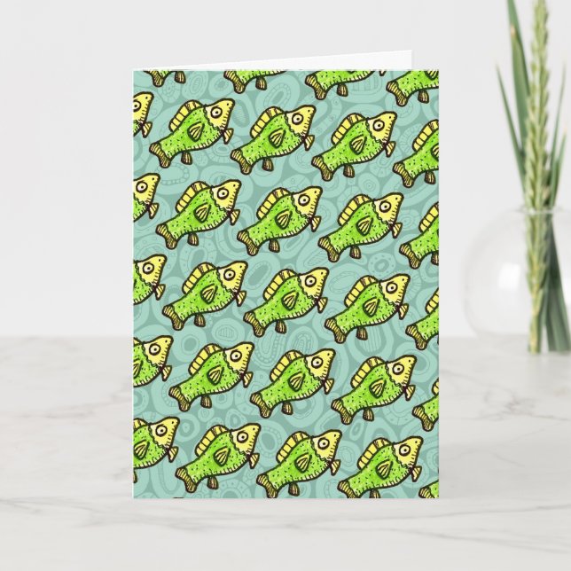 Cartão Funny Cartoon Green Fish Drawing (Frente)