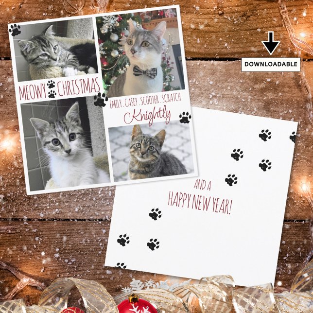 Cartão Funny Cat 4 Photo Paw Prints MEOWY CHRISTMAS Card (Criador carregado)