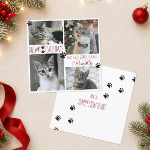 Cartão Funny Cat 4 Photo Paw Prints MEOWY CHRISTMAS Card
