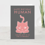 Cartão Funny Cat Lovers Birthday<br><div class="desc">Funny birthday card for cat lovers! Cute grumpy looking pink cat illustration with the text that says "Happy Birthday human. You're gift is in the litter box."</div>