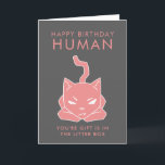 Cartão Funny Cat Lovers Birthday<br><div class="desc">Funny birthday card for cat lovers! Cute grumpy looking pink cat illustration with the text that says "Happy Birthday human. You're gift is in the litter box."</div>