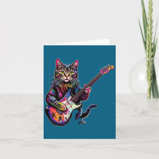 Cartão Funny Cat Playing Guitar Rock And Roll Men Women K (Frente)