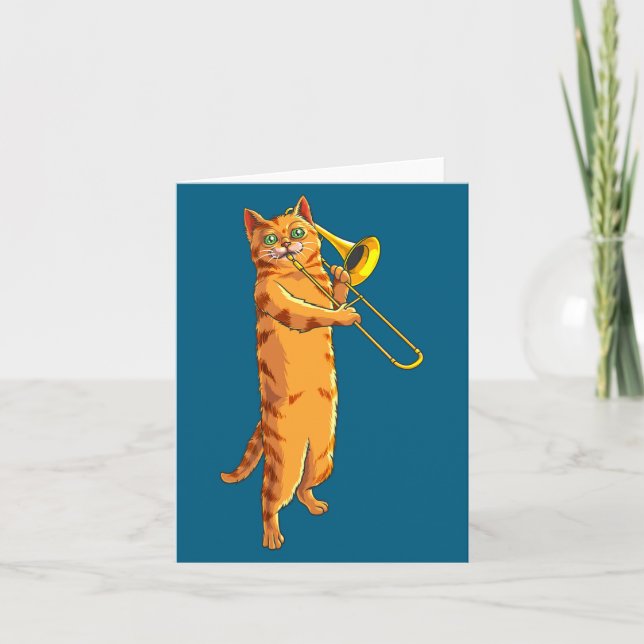 Cartão Funny Cat Playing Trombone Gift Cool Kitten Musici (Frente)