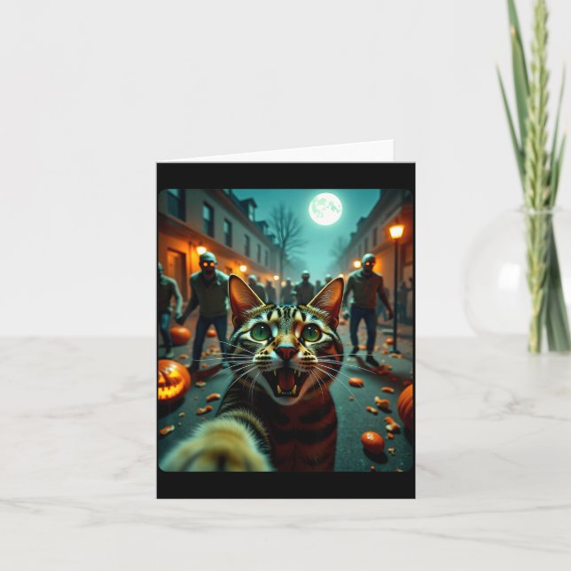 Cartão Funny Cat Selfie Halloween Zombies Humor  (Frente)
