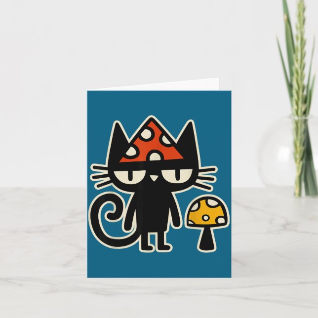 Cartão Funny Cat With Mushroom Hat Black Cat With Toadsto (Frente)
