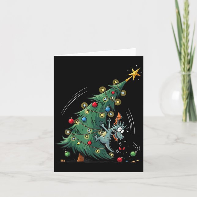 Cartão Funny Christmas Dragon Wrecking The Tree Holiday P (Frente)