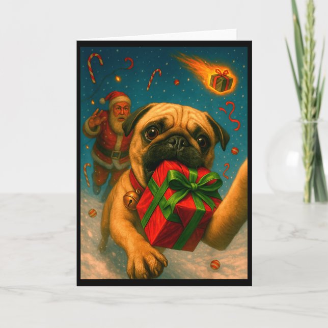 Cartão Funny Christmas Pug Shirt - Selfie With Santa Xmas (Frente)