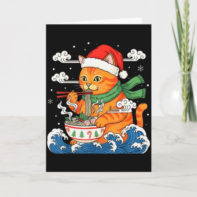 Cartão Funny Christmas Ramen Cat Eating Noodles Japanese  (Frente)