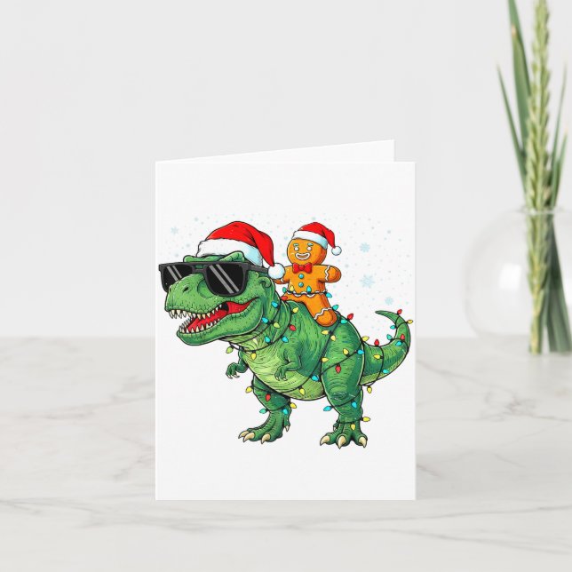 Cartão Funny Christmas T Rex Dinosaur Gingerbread Lights  (Frente)