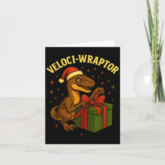 Cartão Funny Christmas Velociraptor Pun Veloci-wraptor  (Frente)