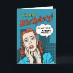 Cartão Funny Comic Book Cover Birthday Greeting<br><div class="desc">A parody of the retro comic books with a terrified looking woman saying ‘Oh No! Your Age!’ in front of a silhouette cityscape on this funny birthday card. A sarcastic way to wish someone a wonderful day. Design © 2015 Julia Bryant.</div>