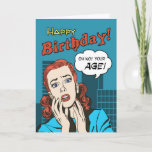Cartão Funny Comic Book Cover Birthday Greeting<br><div class="desc">A parody of the retro comic books with a terrified looking woman saying ‘Oh No! Your Age!’ in front of a silhouette cityscape on this funny birthday card. A sarcastic way to wish someone a wonderful day. Design © 2015 Julia Bryant.</div>