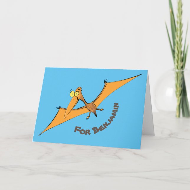 Cartão Funny cute orange flying pterodactyl cartoon (Frente)