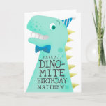 Cartão Funny Dinosaur Birthday<br><div class="desc">Funny and cute birthday card for a special boy! Cartoon style illustration of a green dinosaur with yellow spikes. The t rex is wearing a blue bow tie and a tiny party hat. On his body there is a text that says "Have a DINO-MITE birthday" You can add the birthday...</div>