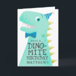 Cartão Funny Dinosaur Birthday<br><div class="desc">Funny and cute birthday card for a special boy! Cartoon style illustration of a green dinosaur with yellow spikes. The t rex is wearing a blue bow tie and a tiny party hat. On his body there is a text that says "Have a DINO-MITE birthday" You can add the birthday...</div>