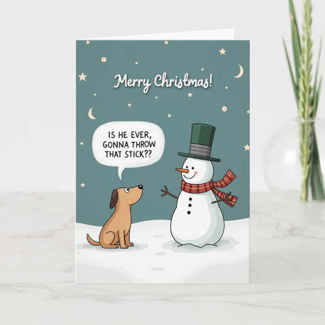 Cartão Funny Dog Christmas Card Snowman Stick Fetch Joke (Frente)