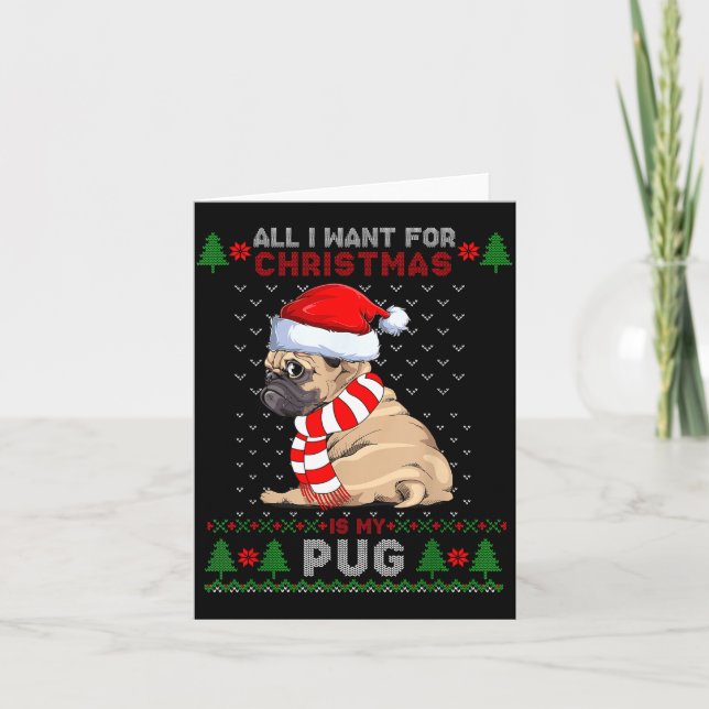 Cartão Funny Dog Lovers Cute Pug Santa Hat Ugly Christmas (Frente)
