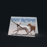 Cartão Funny dog with stick birthday card<br><div class="desc">Cute dogs playing on beach photo greetings card. Text on front reads "Happy birthday!" and text inside reads "Hope you have a great day!"</div>
