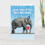 Cartão Funny Elephant Photo– Age Is Irrelephant Birthday<br><div class="desc">Funny photo of an elephant wearing a party hat,  holding a balloon with her trunk and walking on a tight rope. In the circus of life,  age is irrelephant,  Unless you're on a tight rope,  then it helps to be young. So true!</div>