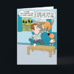 Cartão Funny Evil Cat Birthday Card<br><div class="desc">Here's a funny birthday card featuring a couple of aliens who see a cat and quickly determine that the feline must be an evil overlord. The dog probably wouldn't disagree. 

Thanks for choosing this original design by © Chuck Ingwersen. I post cartoons every day on Instagram: https://www.instagram.com/captainscratchy</div>