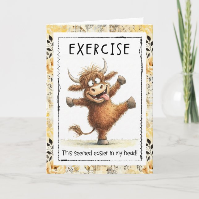 Cartão Funny Exercise Highland Cow Greeting Card (Frente)