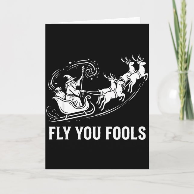 Cartão Funny Fly You Fools Santa Sleigh Reindeer Christma (Frente)