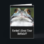 Cartão Funny Frog, Birthday Card: Original Art<br><div class="desc">The caption "Excited About Your Birthday?" belies the placid expression of the frog staring out of the picture.  Original artwork was done withPastels.</div>
