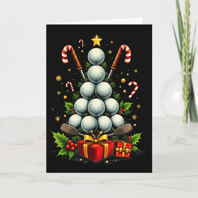 Cartão Funny Golf Ball Christmas Tree Santa Hat Xmas Tee  (Frente)