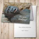 Cartão Funny Gorilla Birthday<br><div class="desc">Um gorila preto se reclina contra uma rocha com um olhar maravilhado em seu rosto na frente deste engraçado cartão de aniversário. O texto em branco diz "É o seu aniversário?". O dentro diz "Eu vou tentar sufocar qualquer gritar primitivo" e depois em um texto em itálico menor, "Espero que...</div>