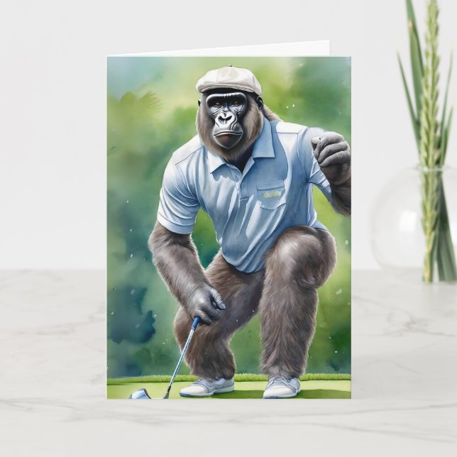 Cartão Funny Gorilla em Tan Hat Camisa Azul Jogando Golfe (Frente)