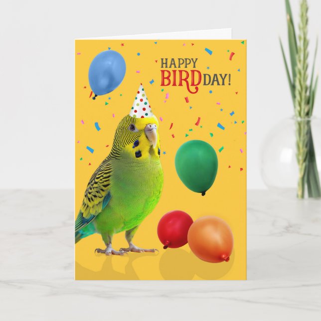 Cartão Funny Green and Yellow Budgie Parakeet Birthday (Frente)