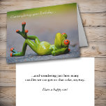 Cartão Funny Green Frog Birthday<br><div class="desc">A funny green frog with bright orange eyes lies on his back on the front of this birthday card. The light gray text above him says "Contemplating your birthday... " The inside says "... and wondering just how many candles we can get on that cake, anyway." Below, in smaller print...</div>