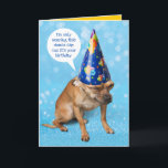 Cartão Funny Grimacing Chihuahua Birthday Boné Dunce<br><div class="desc">Este chato Chihuahua não está muito entusiasmado em vestir um boné dunce (ou um chapéu de partido pontiagudo). Ele diz que só está vestindo esse boné porque é seu aniversário. Ele acha que os humanos têm costumes estranhos, mas ei, o que quer que nos ligue. Ele está aqui para as...</div>