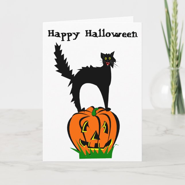 Cartão Funny Halloween Black Cat and Pumpkin (Frente)