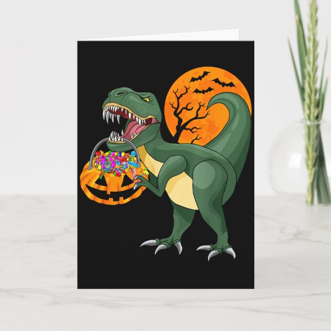 Cartão Funny Halloween Dinosaur Pumpkin Y T Rex Boys Kids (Frente)