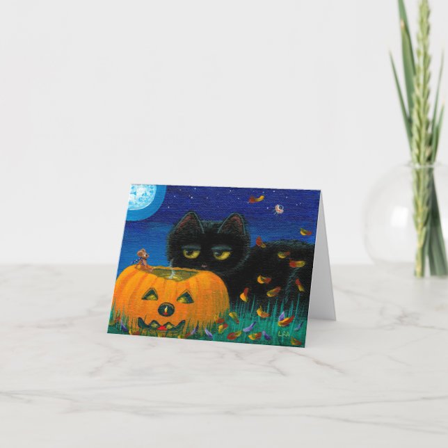 Cartão Funny Halloween Fall Cat Mouse Art Creationarts (Frente)