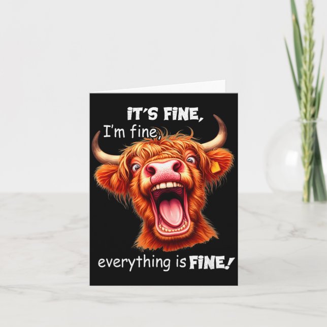 Cartão Funny Highland Cow It's Fine I'm Fine Everything I (Frente)