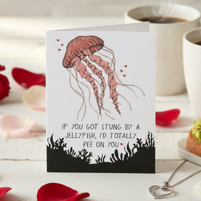 Cartão Funny Jellyfish Love Romance (Humor Anniversary Card or Funny Romance Card with Jellyfish Illustration and I Love You for Couple)