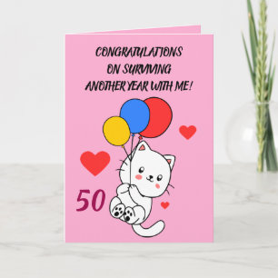 Cartão Funny Joke Balloon Cat Pink Sister 50th Birthday